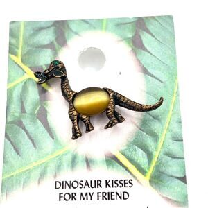 Brass Dinosaur Lapel Pin Yellow Moon Stone Look Dinosaur Brooch